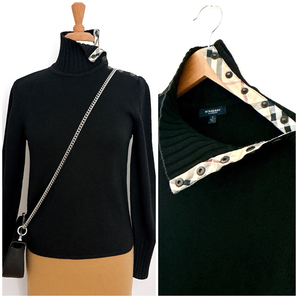 Burberry London Sweater Women's Pullover Black Merino Wool Nova Check Large Luxe